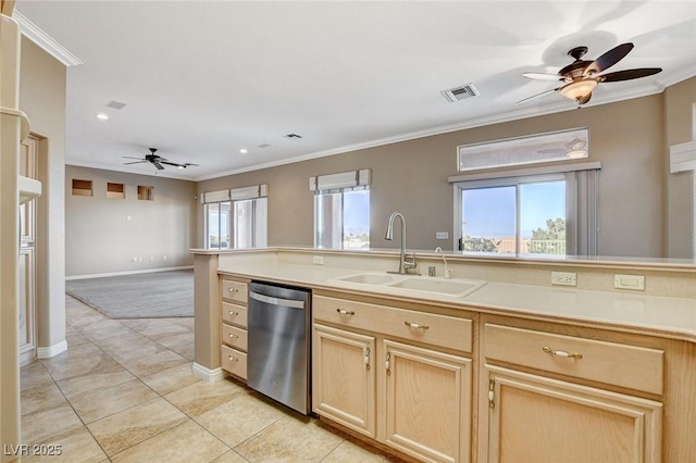1904 Hot Oak Ridge St, Las Vegas, NV 89134 - kitchen with dishwasher, a ceiling fan, light brown cabinets, ornamental molding, and light tile patterned floors
