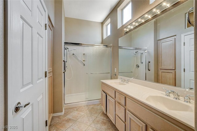 1904 Hot Oak Ridge St, Las Vegas, NV 89134 - bathroom with a shower stall, double vanity, and tile patterned flooring