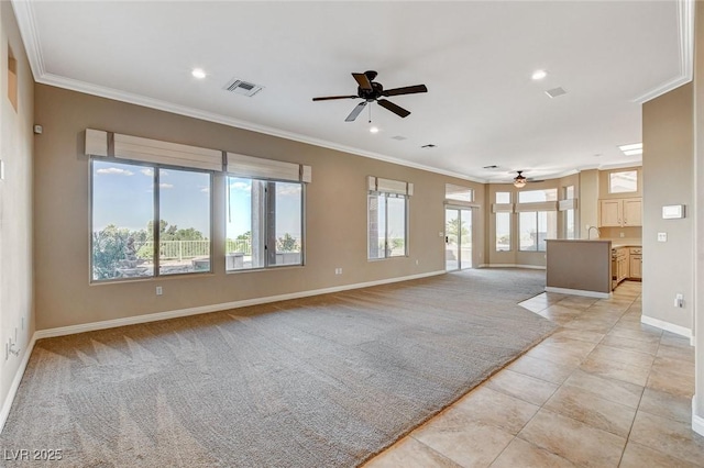 1904 Hot Oak Ridge St, Las Vegas, NV 89134 - unfurnished living room with ceiling fan, ornamental molding, recessed lighting, and light tile patterned floors