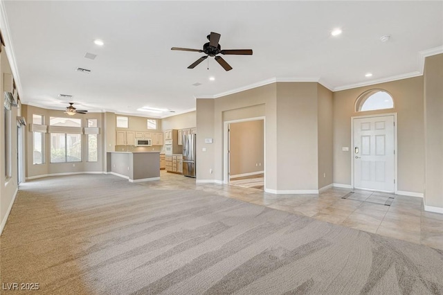 1904 Hot Oak Ridge St, Las Vegas, NV 89134 - unfurnished living room featuring a ceiling fan, recessed lighting, crown molding, light colored carpet, and light tile patterned floors