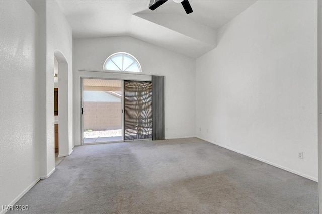 1613 Glenrosa Dr, North Las Vegas, NV 89031 - carpeted empty room with a ceiling fan, vaulted ceiling, and arched walkways