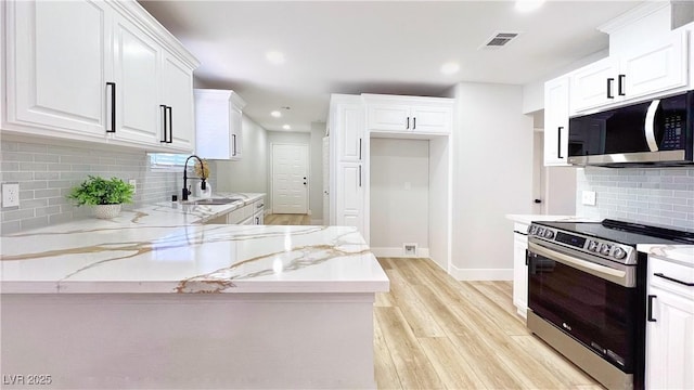 744 Hubbard St, Las Vegas, NV 89110 - kitchen with appliances with stainless steel finishes, light wood finished floors, decorative backsplash, white cabinets, and a peninsula