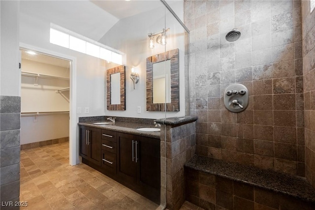 209 Camino Vista St, Henderson, NV 89012 - full bath featuring double vanity, a tile shower, lofted ceiling, and a spacious closet