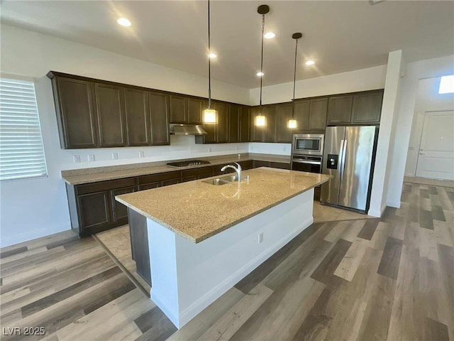 8550 Lost Pony St, Las Vegas, NV 89148 - kitchen featuring appliances with stainless steel finishes, under cabinet range hood, dark brown cabinets, light stone countertops, and light wood-style floors