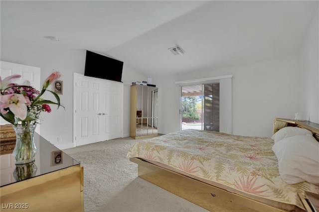9180 Mohawk St, Las Vegas, NV 89139 - bedroom featuring carpet flooring, vaulted ceiling, and access to exterior