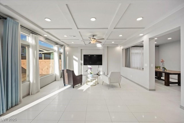6618 Tangled Vines Ave, Las Vegas, NV 89139 - living area with coffered ceiling, recessed lighting, a ceiling fan, tile patterned flooring, and beamed ceiling