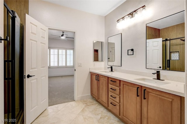 2149 Kelsey Creek Ct, Henderson, NV 89044 - full bath with ceiling fan, double vanity, and a shower with door