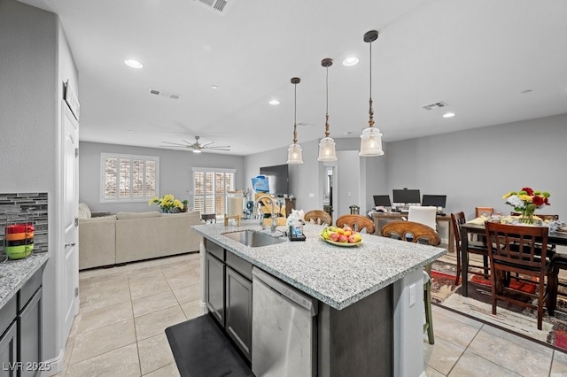 145 Langley Hill Ave, Henderson, NV 89002 - kitchen with dishwasher, open floor plan, light tile patterned flooring, recessed lighting, and pendant lighting