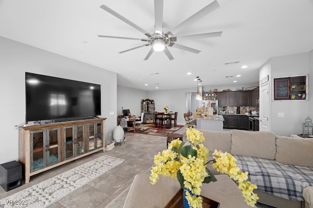 145 Langley Hill Ave, Henderson, NV 89002 - living room featuring ceiling fan and recessed lighting