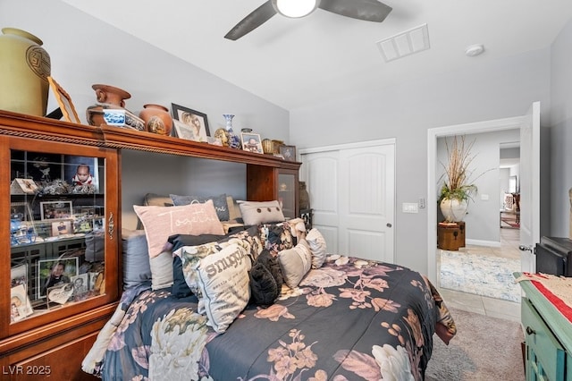 145 Langley Hill Ave, Henderson, NV 89002 - bedroom with a closet, tile patterned flooring, ceiling fan, and vaulted ceiling