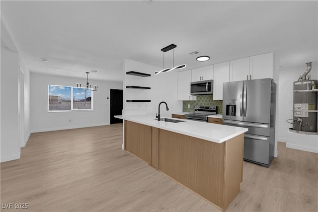 1108 Putnam Ave, North Las Vegas, NV 89030 - kitchen featuring stainless steel appliances, secured water heater, white cabinets, a chandelier, and light wood-style floors