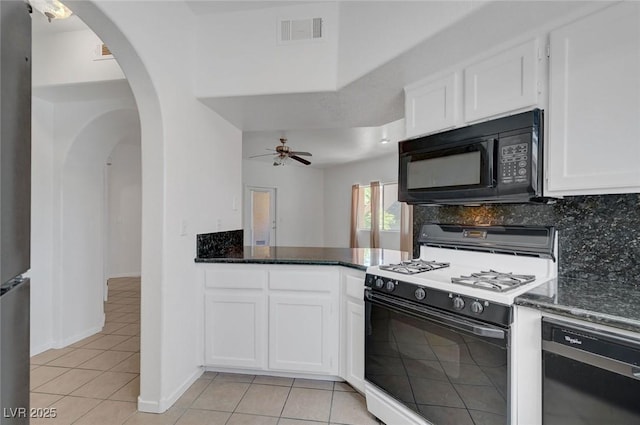 900 Heavenly Hills Ct Unit 114, Las Vegas, NV 89145 - kitchen featuring black appliances, arched walkways, a ceiling fan, and white cabinetry