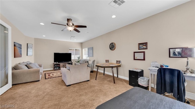 8139 Skytop Ledge Ave, Las Vegas, NV 89178 - living room with ceiling fan, light colored carpet, and recessed lighting