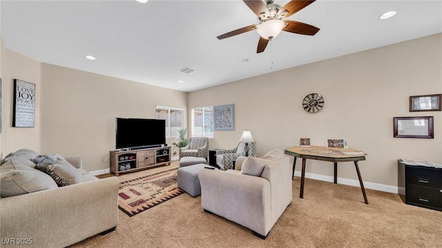 8139 Skytop Ledge Ave, Las Vegas, NV 89178 - living area featuring light colored carpet, a ceiling fan, and recessed lighting