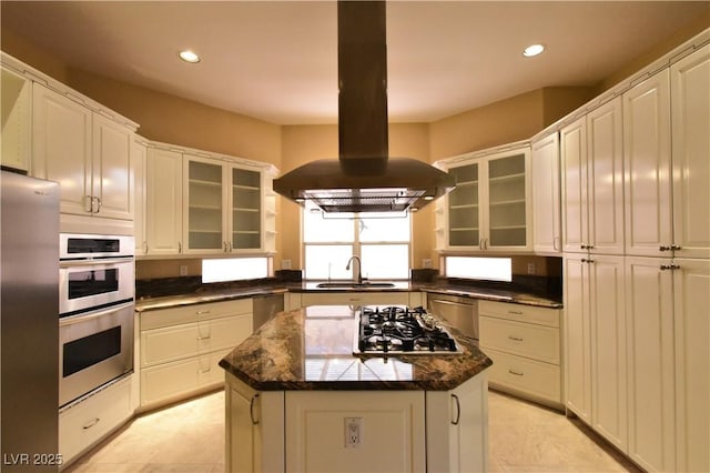 7250 Birkland Ct, Las Vegas, NV 89117 - kitchen with island exhaust hood, stainless steel appliances, recessed lighting, a kitchen island, and white cabinetry