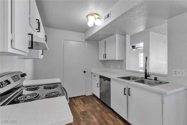 220 Mission Catalina Ln Unit 208, Las Vegas, NV 89107 - kitchen featuring range with electric stovetop, dishwasher, ceiling fan, dark wood-type flooring, and light countertops