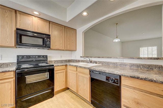 6160 Rumrill St Unit 202, Las Vegas, NV 89113 - kitchen with black appliances, light brown cabinetry, recessed lighting, arched walkways, and light wood finished floors
