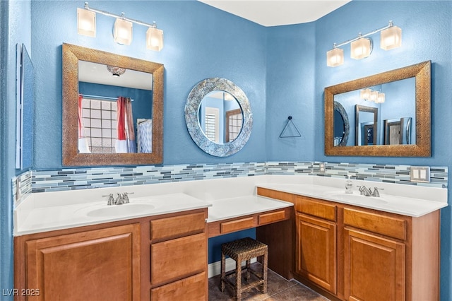 9685 Stonily Ln, Las Vegas, NV 89178 - full bath featuring vanity, tasteful backsplash, and tile patterned flooring