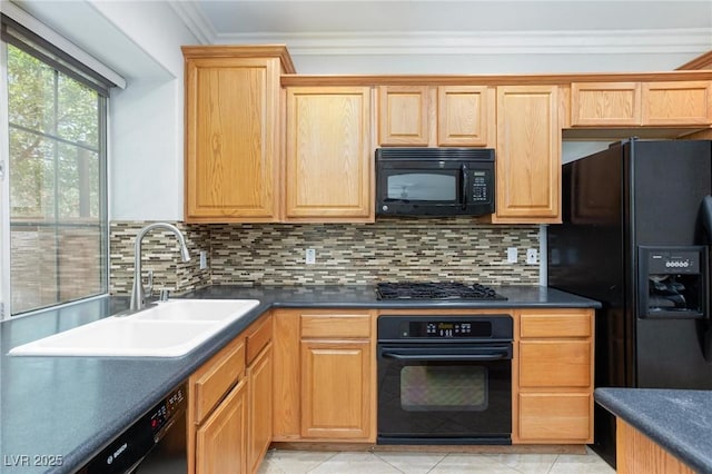 9814 Gifthouse St, Las Vegas, NV 89178 - kitchen featuring black appliances, crown molding, dark countertops, decorative backsplash, and light tile patterned flooring