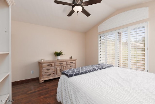 1839 Thunder Mountain Dr, Henderson, NV 89012 - bedroom with dark wood-style floors, vaulted ceiling, and ceiling fan