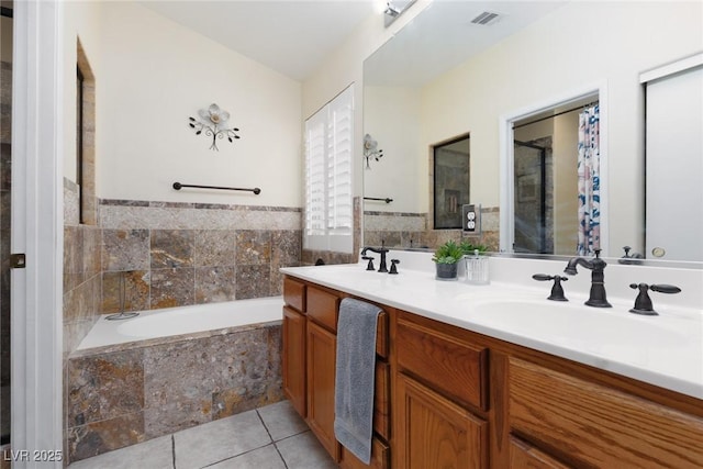 1839 Thunder Mountain Dr, Henderson, NV 89012 - full bathroom featuring a bath, tile patterned flooring, double vanity, and a shower with shower curtain