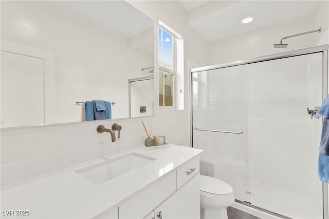 3058 Casarano Ct, Henderson, NV 89044 - bathroom featuring vanity, a shower stall, and recessed lighting