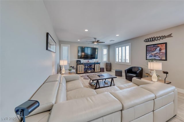 1523 Great Sands St, Boulder City, NV 89005 - living area featuring light wood-type flooring, a ceiling fan, and recessed lighting