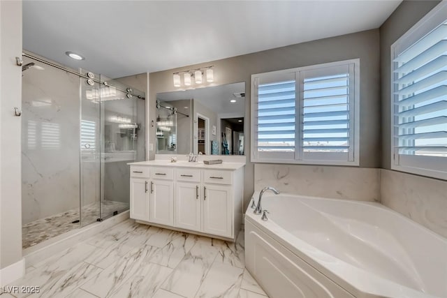 1523 Great Sands St, Boulder City, NV 89005 - full bath featuring a bath, vanity, a marble finish shower, and marble finish flooring