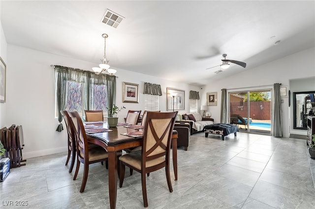 3495 Eagle Bend St, Las Vegas, NV 89122 - dining space with a chandelier, ceiling fan, lofted ceiling, and light tile patterned floors