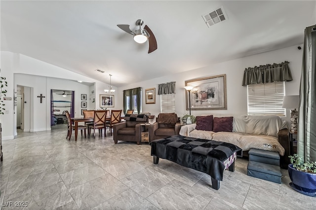 3495 Eagle Bend St, Las Vegas, NV 89122 - living area with a ceiling fan, light marble finish floors, and vaulted ceiling