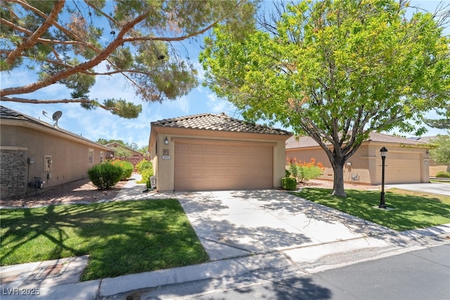 3495 Eagle Bend St, Las Vegas, NV 89122 - view of front of home featuring stucco siding, a front yard, a tiled roof, and a garage