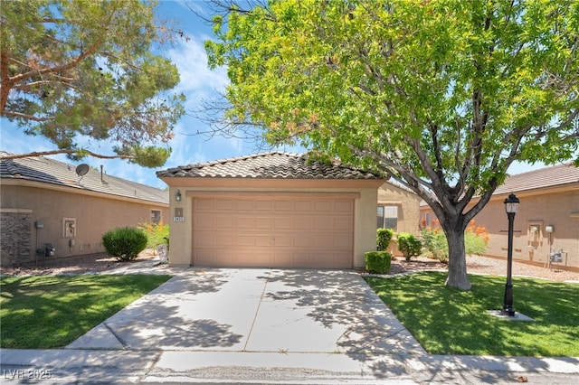 3495 Eagle Bend St, Las Vegas, NV 89122 - view of front of house with stucco siding, driveway, a tile roof, and a front yard