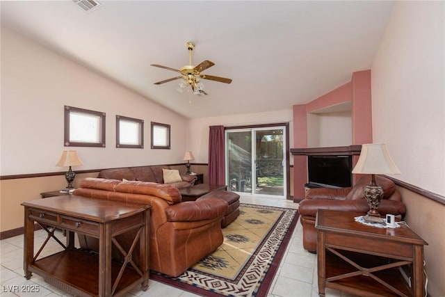 8213 Cabin Springs Ave, Las Vegas, NV 89131 - living area featuring ceiling fan, lofted ceiling, and light tile patterned flooring