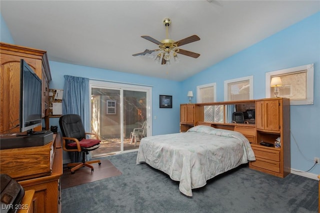 8213 Cabin Springs Ave, Las Vegas, NV 89131 - bedroom featuring access to outside, lofted ceiling, a desk, carpet floors, and ceiling fan