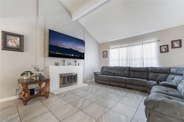 327 Fuente Dr, Henderson, NV 89014 - living room with tile patterned flooring, beamed ceiling, a fireplace, and high vaulted ceiling