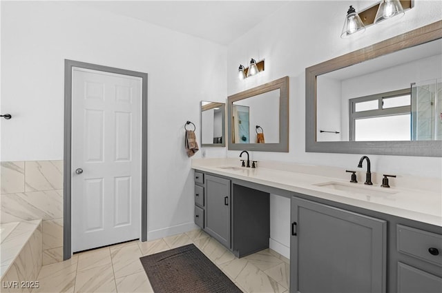 4212 Helens Pouroff Ave, North Las Vegas, NV 89085 - bathroom with double vanity and marble look tiles