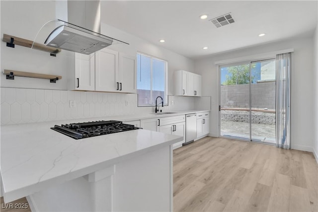 8944 W Rochelle Ave, Las Vegas, NV 89147 - kitchen with black gas cooktop, open shelves, dishwasher, ventilation hood, and decorative backsplash
