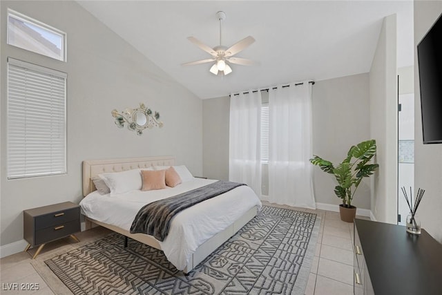 5512 Goldbrush St, Las Vegas, NV 89130 - bedroom with light tile patterned floors, high vaulted ceiling, and a ceiling fan