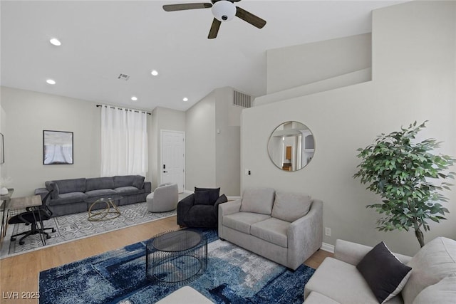 5512 Goldbrush St, Las Vegas, NV 89130 - living room featuring ceiling fan, wood finished floors, and recessed lighting
