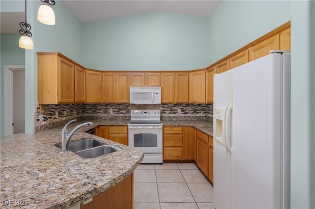 693 Hagens Aly, Mesquite, NV 89027 - kitchen featuring white appliances, high vaulted ceiling, tasteful backsplash, light tile patterned floors, and decorative light fixtures