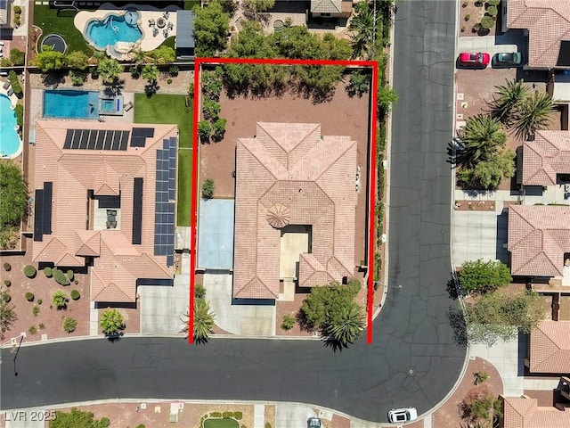 7286 Mount Kearsarge St, Las Vegas, NV 89131 - aerial overview of property's location with a pool area and property boundaries highlighted