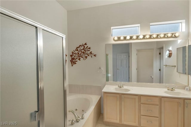 585 Mountain Links Dr, Henderson, NV 89012 - full bath featuring a tub with jets, a stall shower, and double vanity