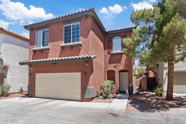 10918 Avenzano St, Las Vegas, NV 89141 - mediterranean / spanish-style house featuring a garage, a tile roof, stucco siding, and driveway