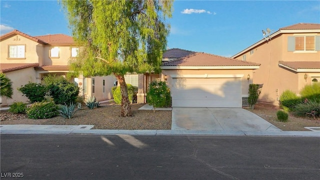 3532 Mountain Park St, Las Vegas, NV 89129 - view of front of property featuring a tiled roof, a garage, driveway, and stucco siding