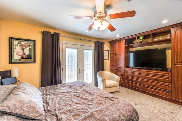 4095 Ridgewood Ave, Las Vegas, NV 89120 - bedroom featuring french doors, access to exterior, carpet flooring, a ceiling fan, and recessed lighting