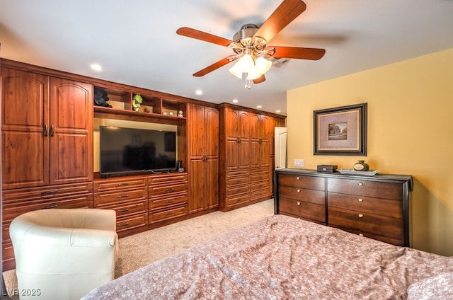4095 Ridgewood Ave, Las Vegas, NV 89120 - bedroom featuring light colored carpet, recessed lighting, and a ceiling fan