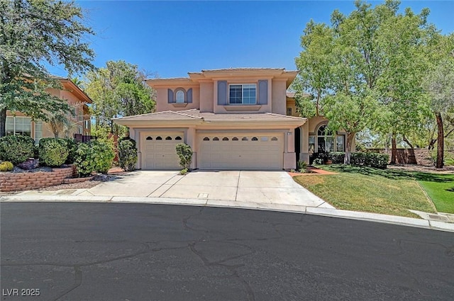 229 N Buteo Woods Ln, Las Vegas, NV 89144 - view of front of home with an attached garage, driveway, stucco siding, a tiled roof, and a front lawn