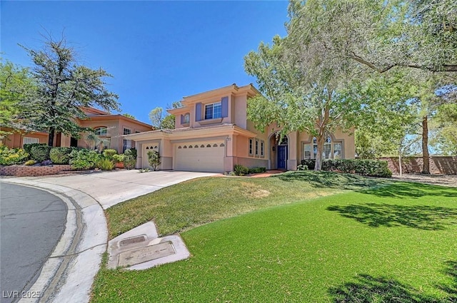 229 N Buteo Woods Ln, Las Vegas, NV 89144 - mediterranean / spanish-style home with a garage, stucco siding, driveway, and a front yard