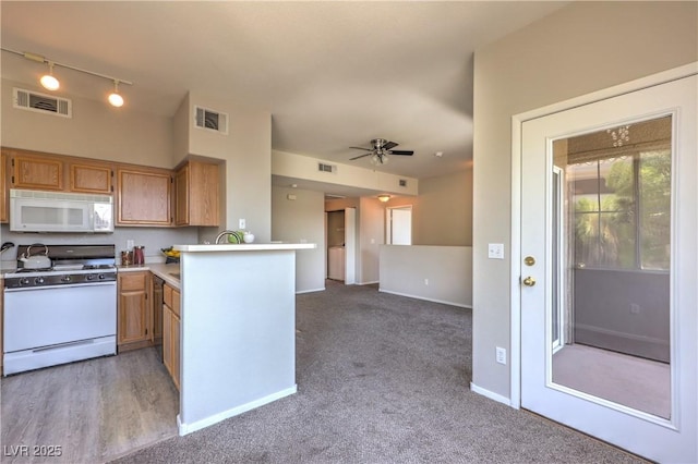 9050 W Warm Springs Rd Unit 2062, Las Vegas, NV 89148 - kitchen featuring white appliances, a peninsula, rail lighting, light countertops, and light colored carpet