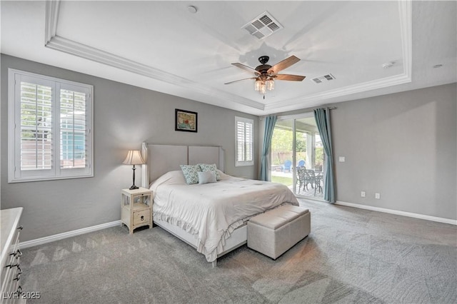 2433 Amatrice St, Henderson, NV 89044 - bedroom featuring a raised ceiling, access to outside, carpet floors, ceiling fan, and crown molding